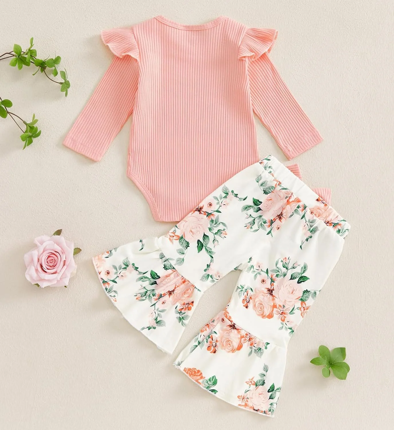 لباس نوزادی دخترانه، رامپر، تاپ، شلوار طرح گل و تل مو، ست 3 تکه
