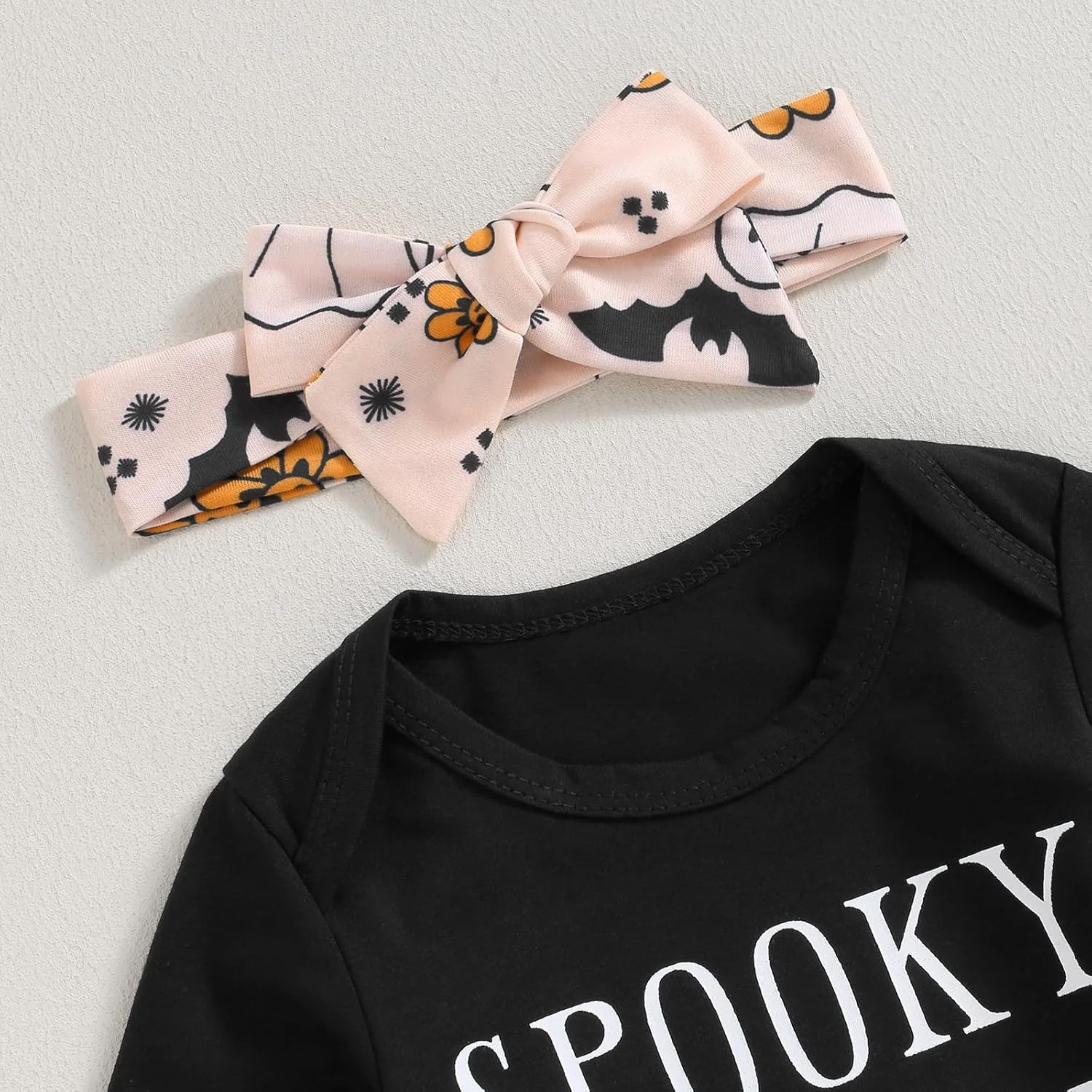 لباس هالووین نوزاد دخترانه، رامپر آستین بلند، تاپ، شلوار دمپا گشاد طرح کدو تنبل، هدبند، لباس پاییزی نوزادی