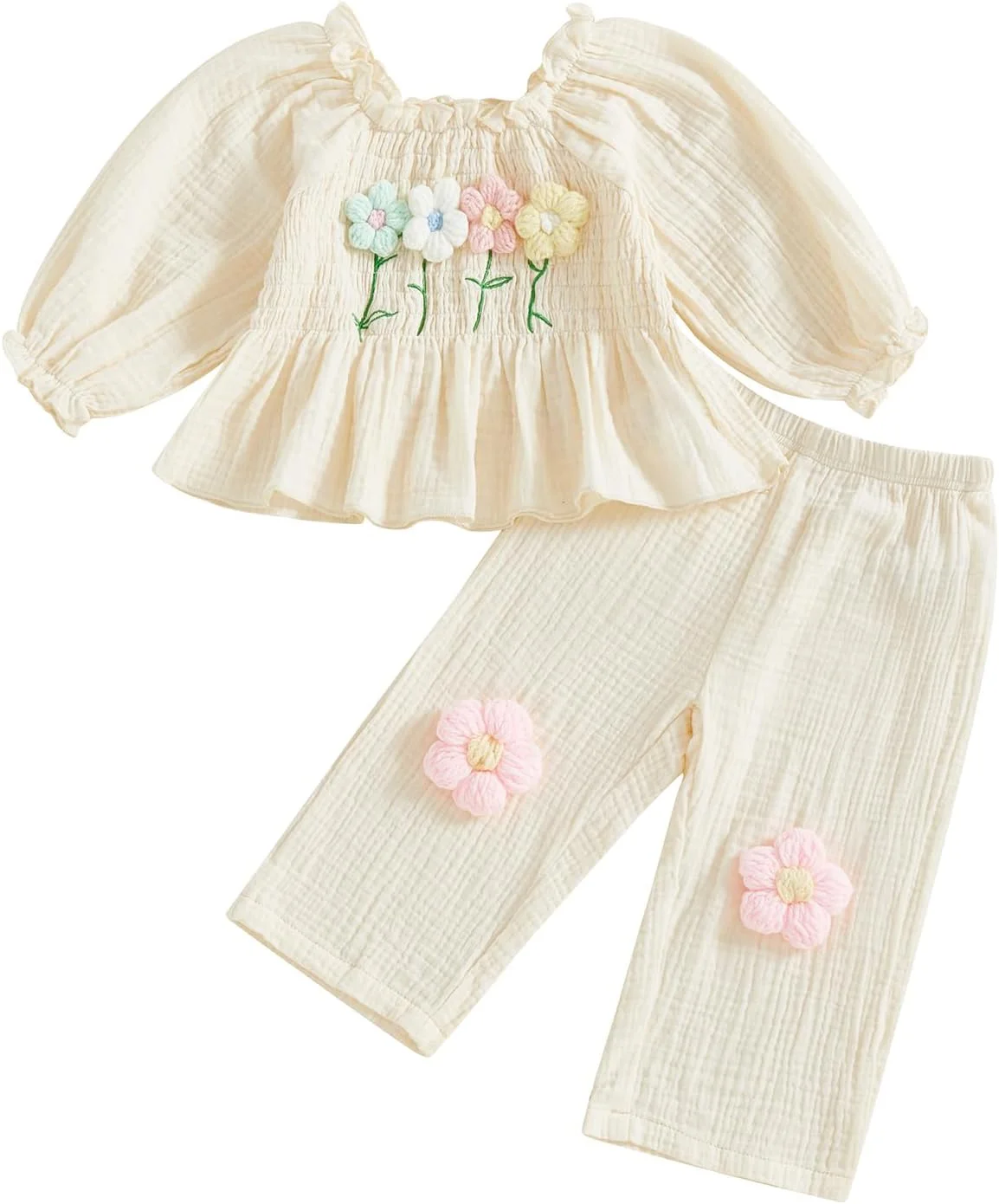 Geagodelia ست لباس دخترانه بچه گانه پاییزی، بلوز آستین بلند طرح گل، تاپ های یقه گرد کشی، ست لباس و شلوار نوزاد دختر