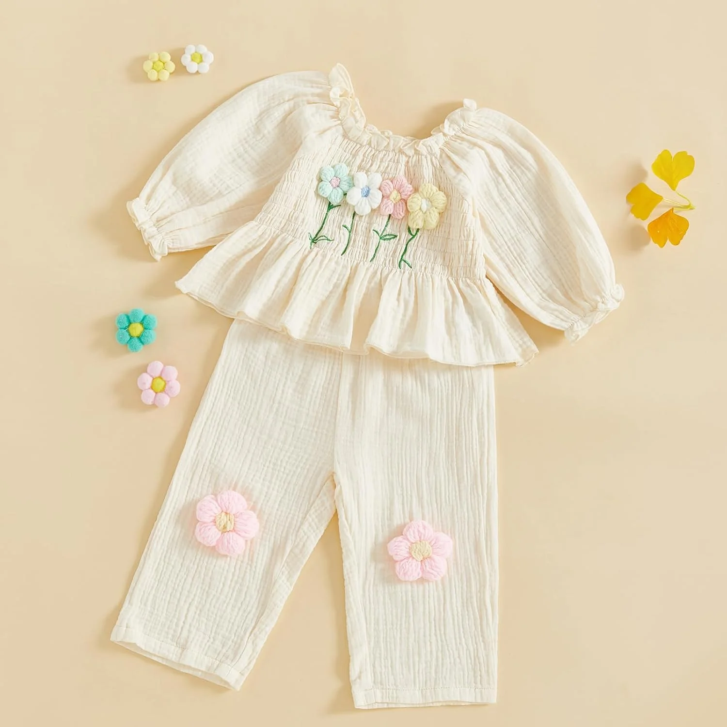 Geagodelia ست لباس دخترانه بچه گانه پاییزی، بلوز آستین بلند طرح گل، تاپ های یقه گرد کشی، ست لباس و شلوار نوزاد دختر