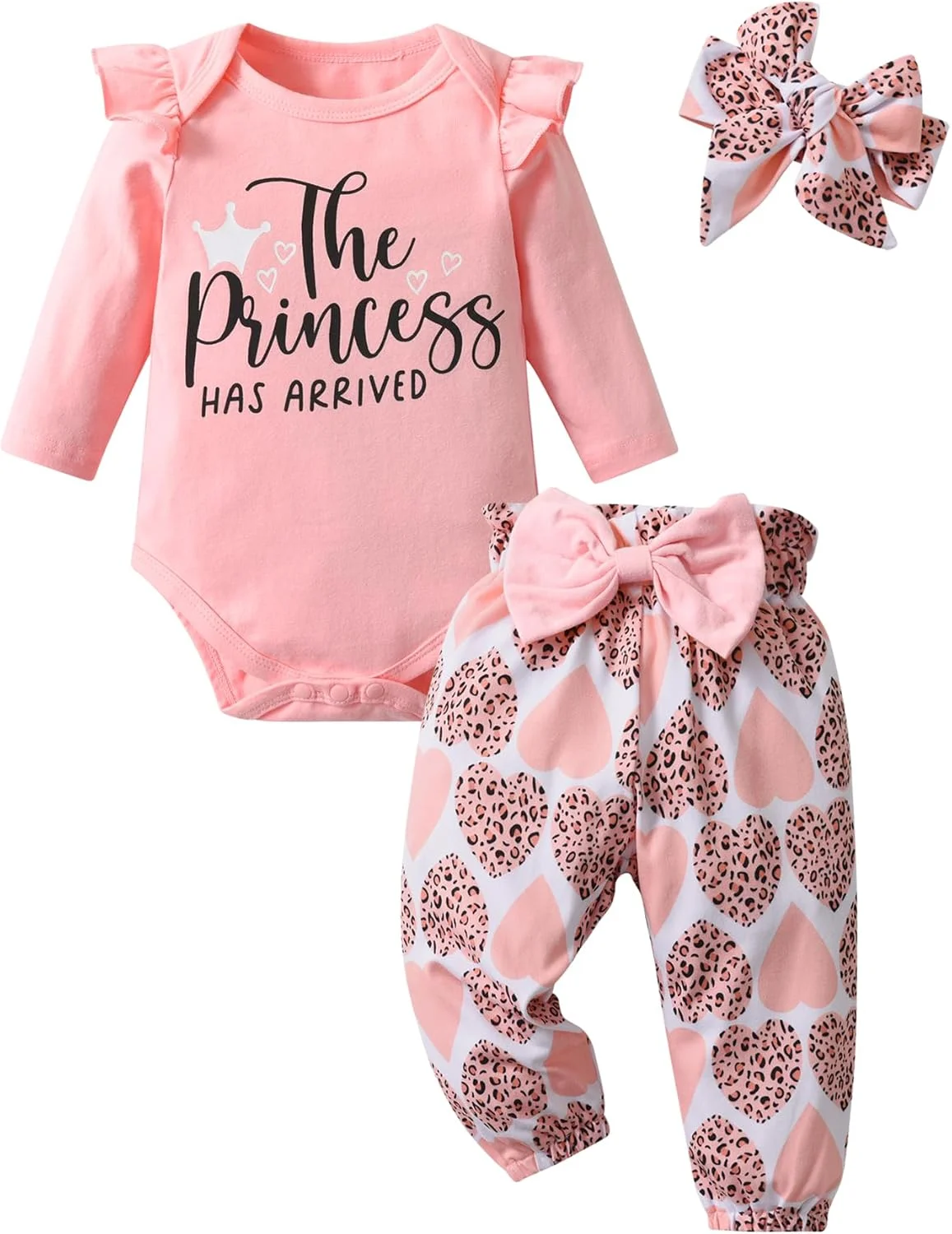 ست لباس ۳ تکه نوزاد دخترانه شامل تاپ طرح دار چین دار و شلوار پاپیون دار