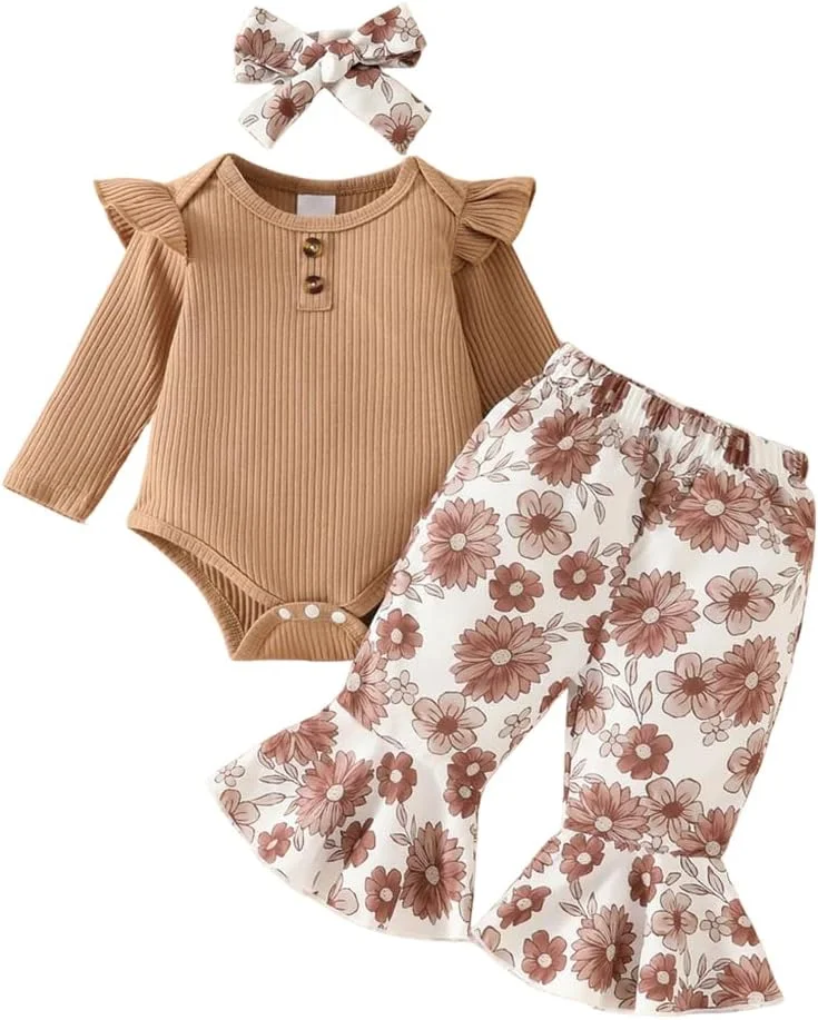 لباس نوزادی دخترانه، ست لباس آستین بلند چین دار و شلوار گلدار به همراه هدبند