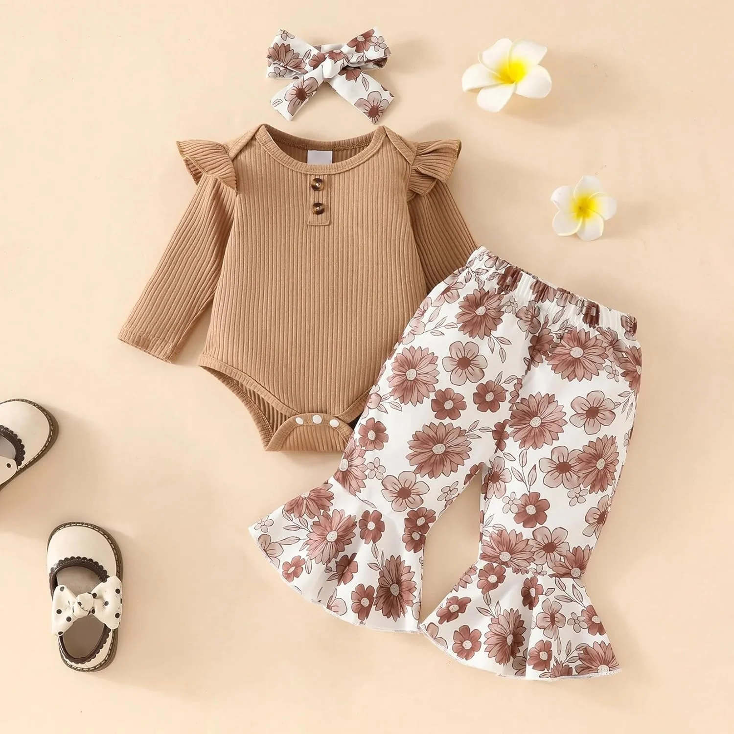 لباس نوزادی دخترانه، ست لباس آستین بلند چین دار و شلوار گلدار به همراه هدبند