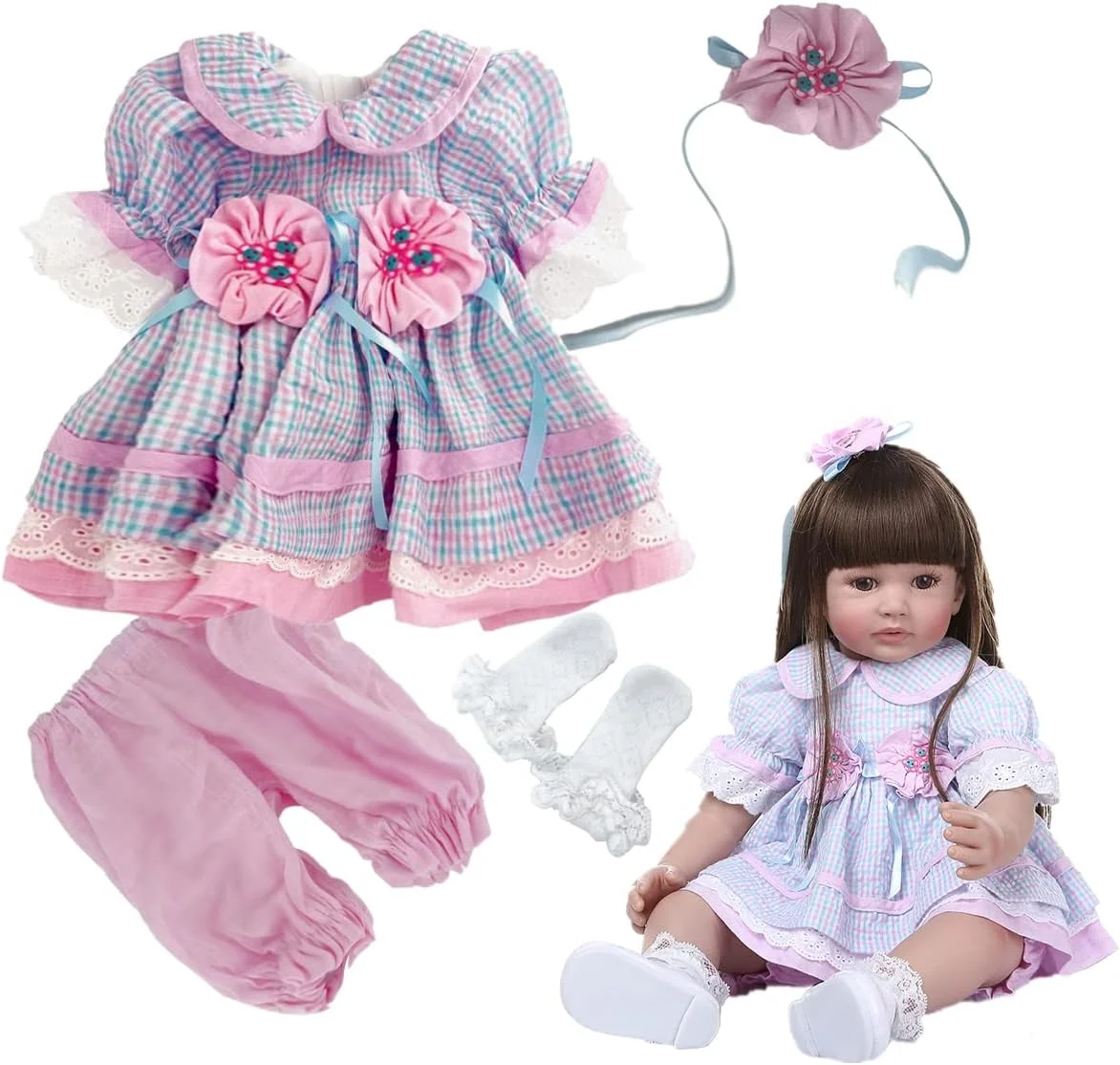لباس، شورت و هدبند عروسک نوزاد دخترانه مناسب برای عروسک های 55 تا 60 سانتی متری