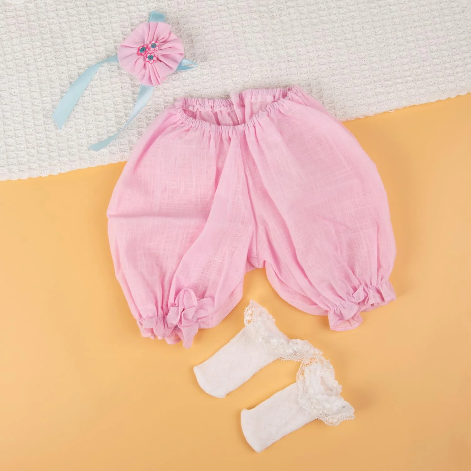 لباس، شورت و هدبند عروسک نوزاد دخترانه مناسب برای عروسک های 55 تا 60 سانتی متری
