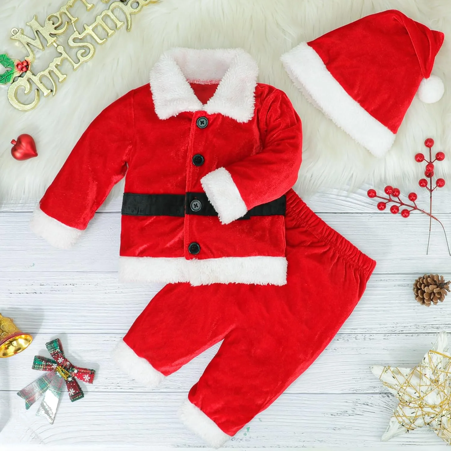 لباس کریسمس کودک، تاپ، شلوار، کمربند و کلاه نوزادی پسرانه و دخترانه با طرح بابانوئل