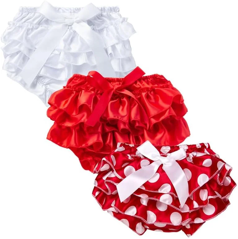 ست 3 عددی شورت نوزادی دخترانه، زیرپوش، شورت پفی چین دار، شورت فانتزی با کمر کشی و پاپیون