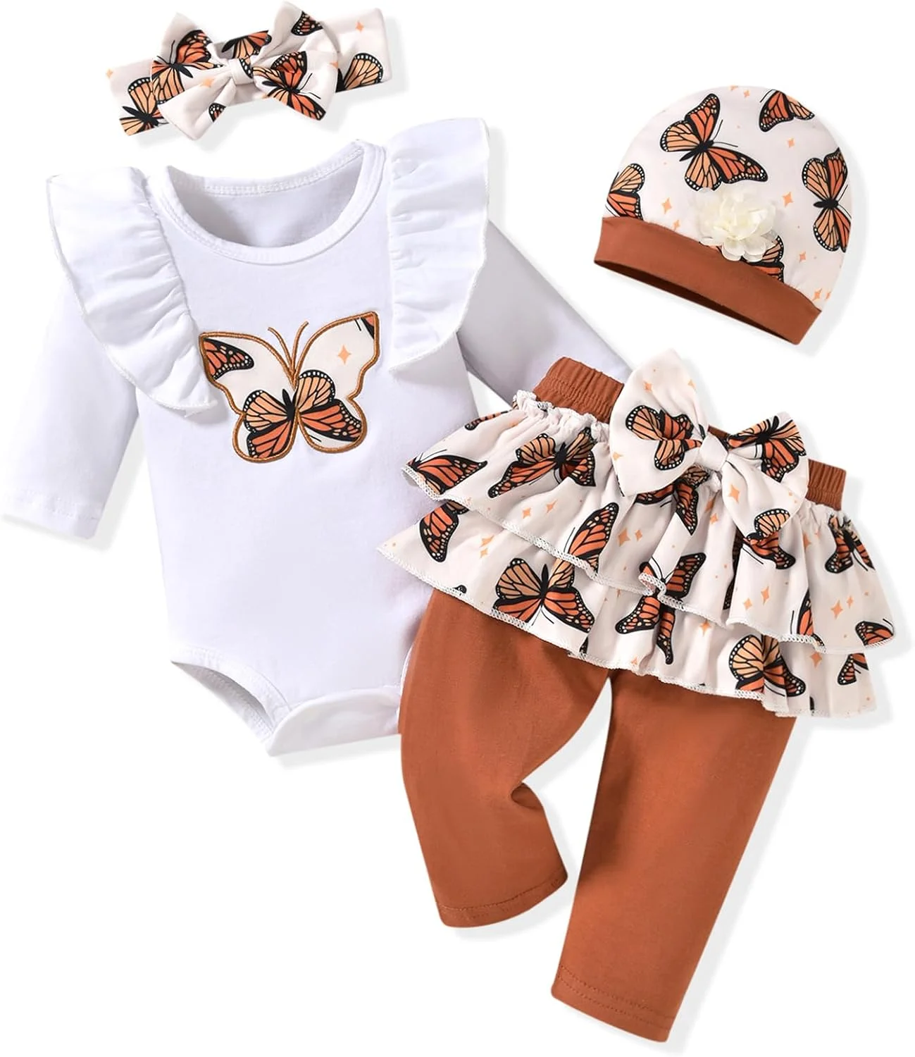 لباس نوزادی دخترانه طرح گل و قلب، ست رامپر و شلوار چین‌دار 4 تکه مناسب فصل پاییز و زمستان