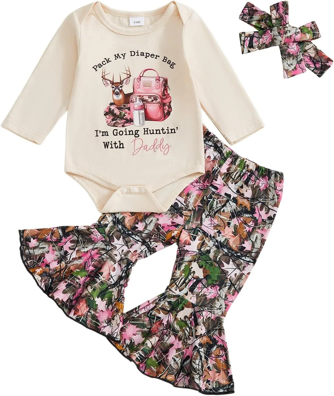 ست لباس نوزاد دخترانه شامل رامپر طرح گوزن، شلوار دمپا گشاد طرح جنگلی و هدبند 3 تکه مناسب فصل پاییز و زمستان