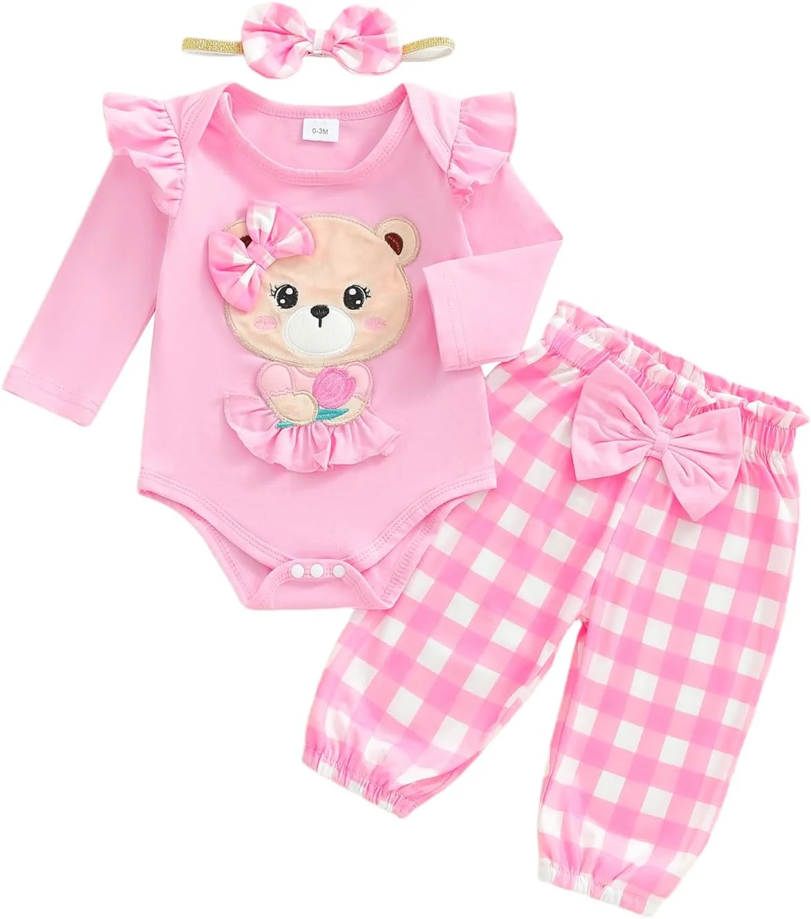 ست لباس 3 تکه نوزادی دخترانه، رامپر گلدوزی خرس، شلوار طرح خال خال، هدبند پاپیونی، لباس بهاری زیبا