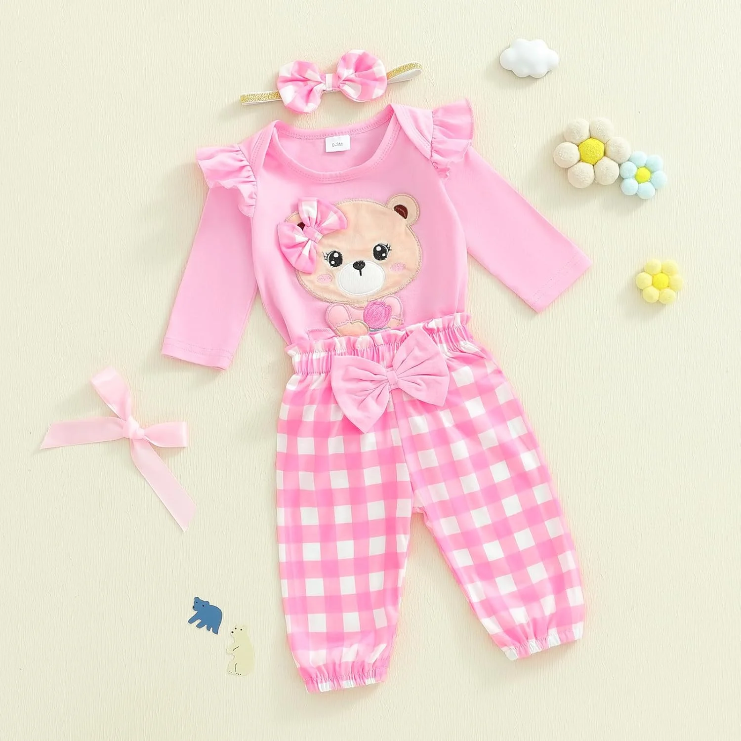 ست لباس 3 تکه نوزادی دخترانه، رامپر گلدوزی خرس، شلوار طرح خال خال، هدبند پاپیونی، لباس بهاری زیبا ست لباس 3 تکه نوزادی دخترانه، رامپر گلدوزی خرس، شلوار طرح خال خال، هدبند پاپیونی، لباس بهاری زیبا