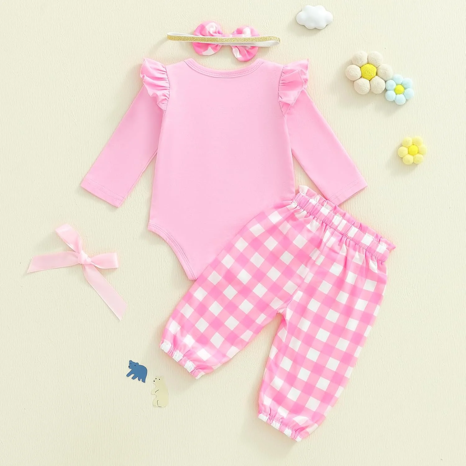 ست لباس 3 تکه نوزادی دخترانه، رامپر گلدوزی خرس، شلوار طرح خال خال، هدبند پاپیونی، لباس بهاری زیبا ست لباس 3 تکه نوزادی دخترانه، رامپر گلدوزی خرس، شلوار طرح خال خال، هدبند پاپیونی، لباس بهاری زیبا