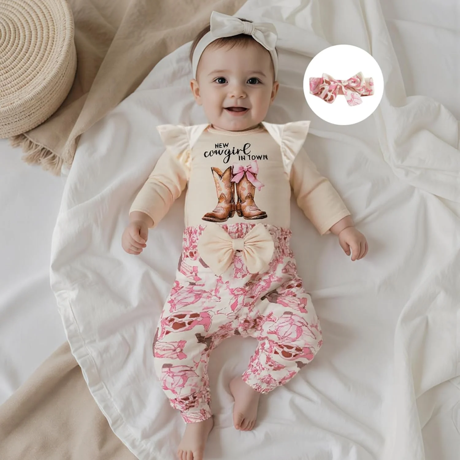 لباس نوزادی دخترانه Gaono، ست رامپر آستین بلند و شلوار به همراه هدبند با طرح گاوچران