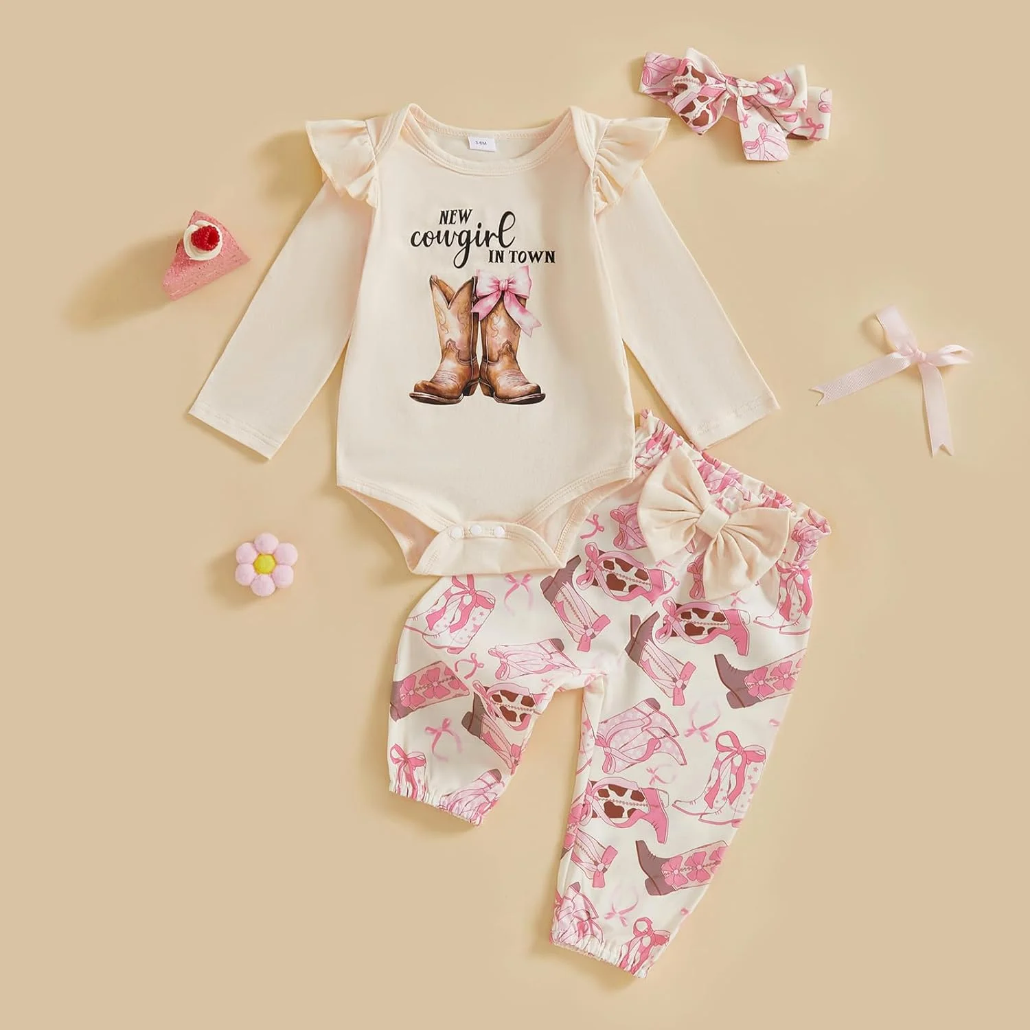 لباس نوزادی دخترانه Gaono، ست رامپر آستین بلند و شلوار به همراه هدبند با طرح گاوچران