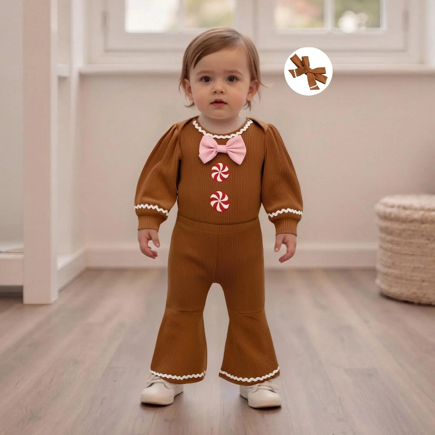 لباس نوزادی طرح آدم زنجبیلی، ست لباس کریسمس بافتنی شامل رامپر و شلوار