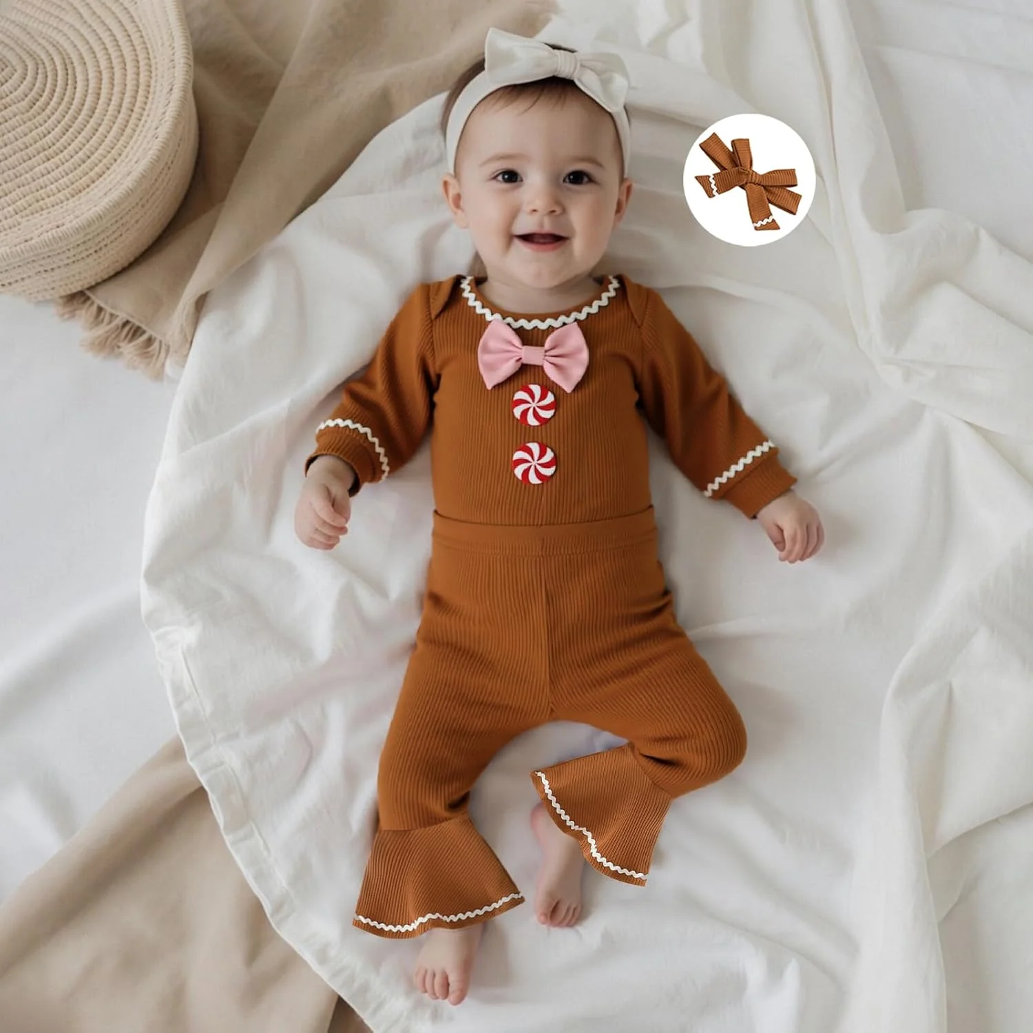 لباس نوزادی طرح آدم زنجبیلی، ست لباس کریسمس بافتنی شامل رامپر و شلوار