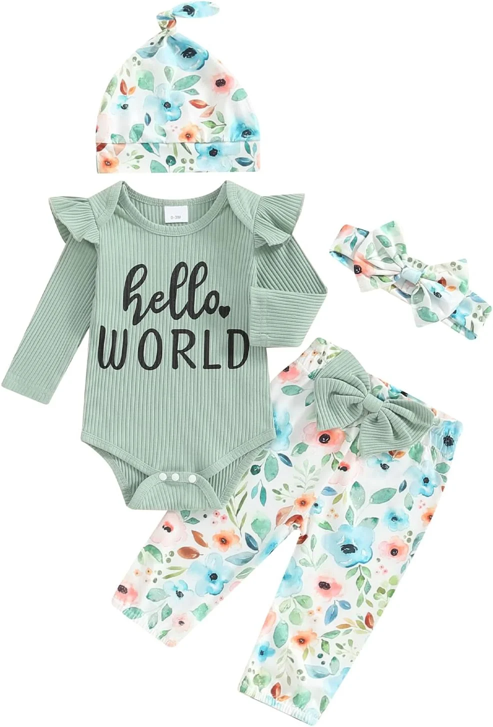 ست لباس نوزادی دخترانه طرح Hello World شامل رامپر آستین بلند، شلوار گلدار و هدبند، 3 تکه مناسب بهار و تابستان