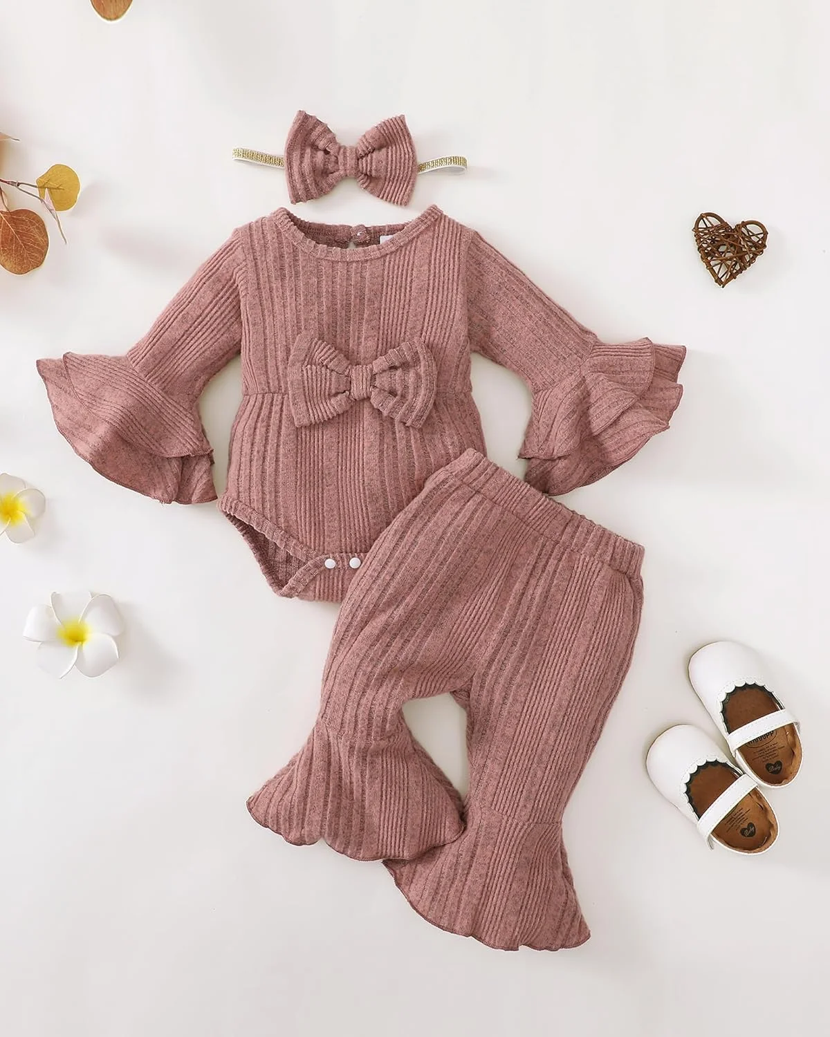 لباس نوزادی دخترانه، رامپر آستین بلند، ست لباس و شلوار پنبه ای با طرح گل، مناسب 0 تا 18 ماه به همراه هدبند