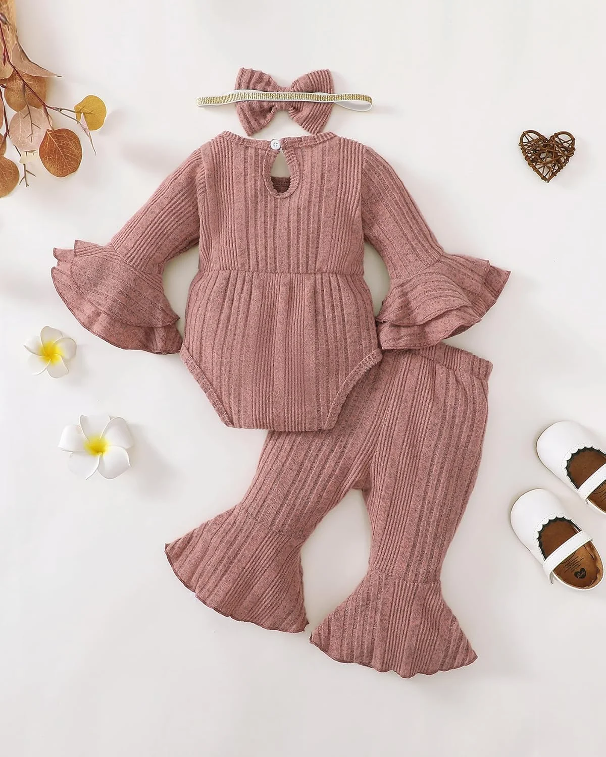 لباس نوزادی دخترانه، رامپر آستین بلند، ست لباس و شلوار پنبه ای با طرح گل، مناسب 0 تا 18 ماه به همراه هدبند