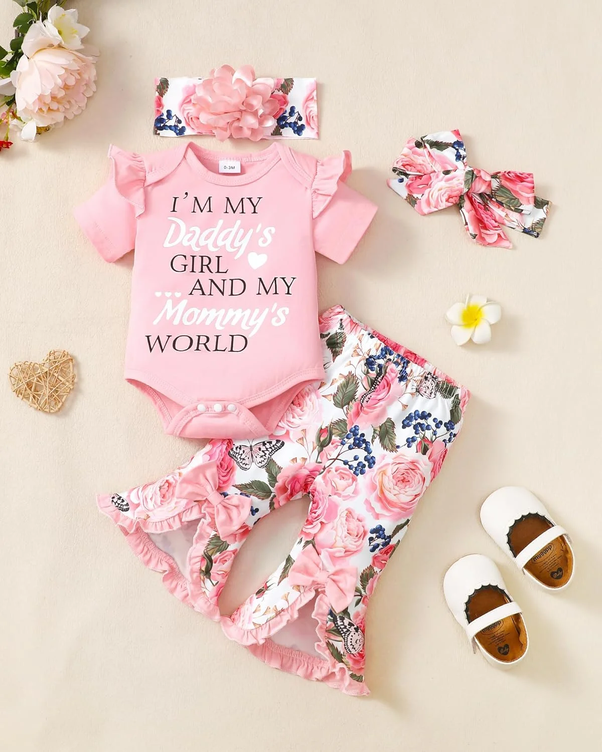 لباس نوزادی دخترانه، رامپر، لباس پاییزی طرح گل، شلوار دم پا گشاد، ست کلاه و هدبند طرح گل