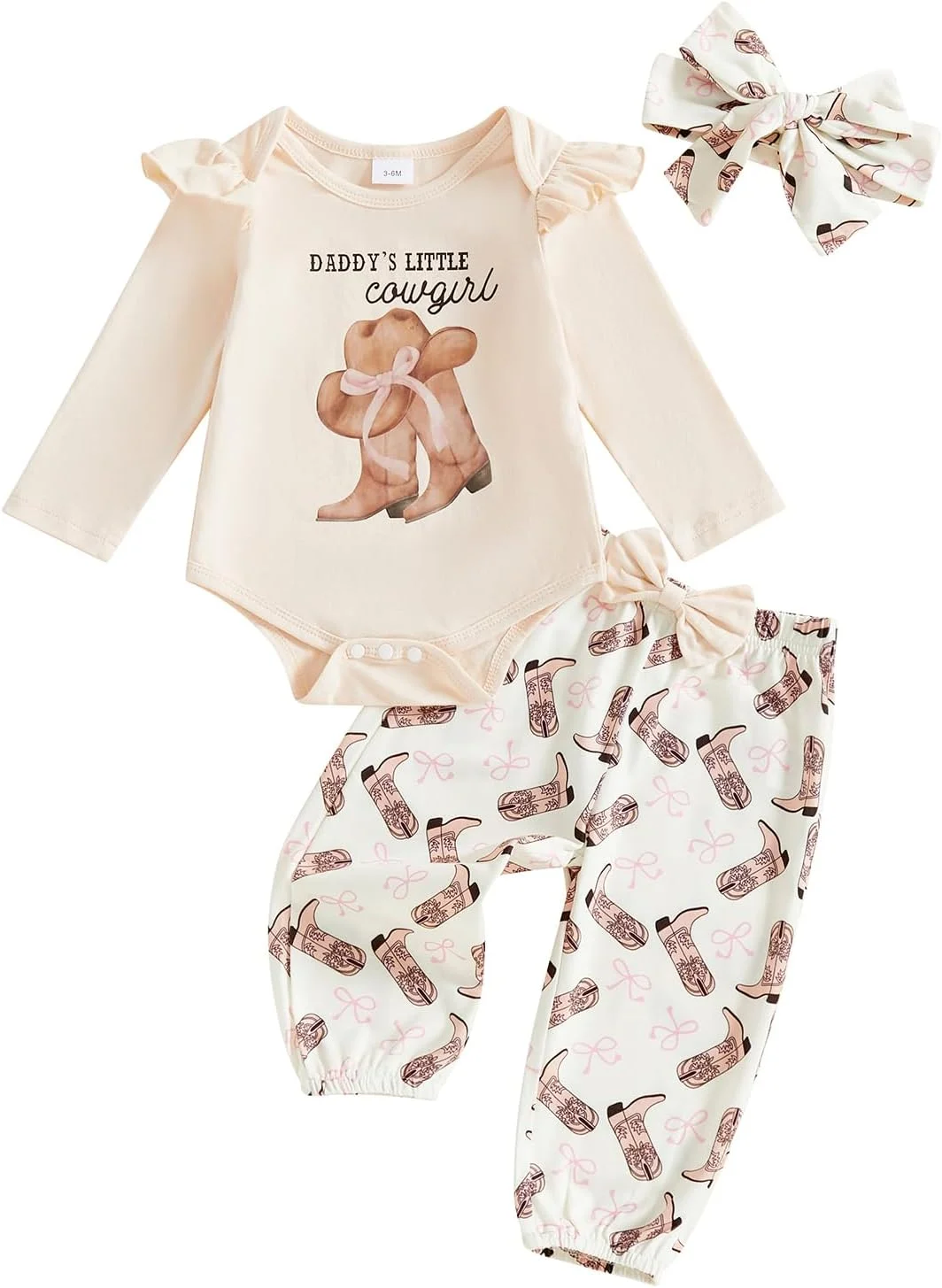 لباس نوزاد دخترانه طرح وسترن، ست رامپر، شلوار و هدبند 3 تکه مناسب فصل پاییز