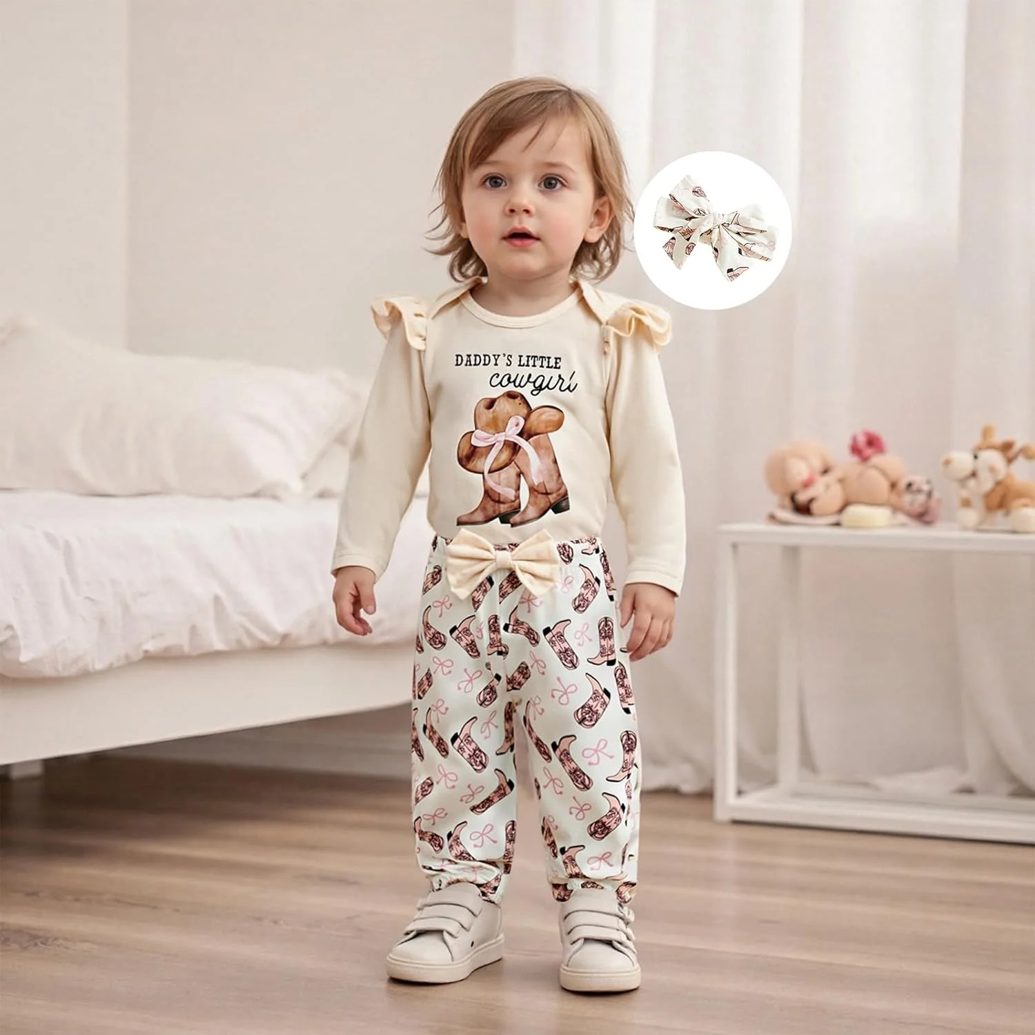 لباس نوزاد دخترانه طرح وسترن، ست رامپر، شلوار و هدبند 3 تکه مناسب فصل پاییز