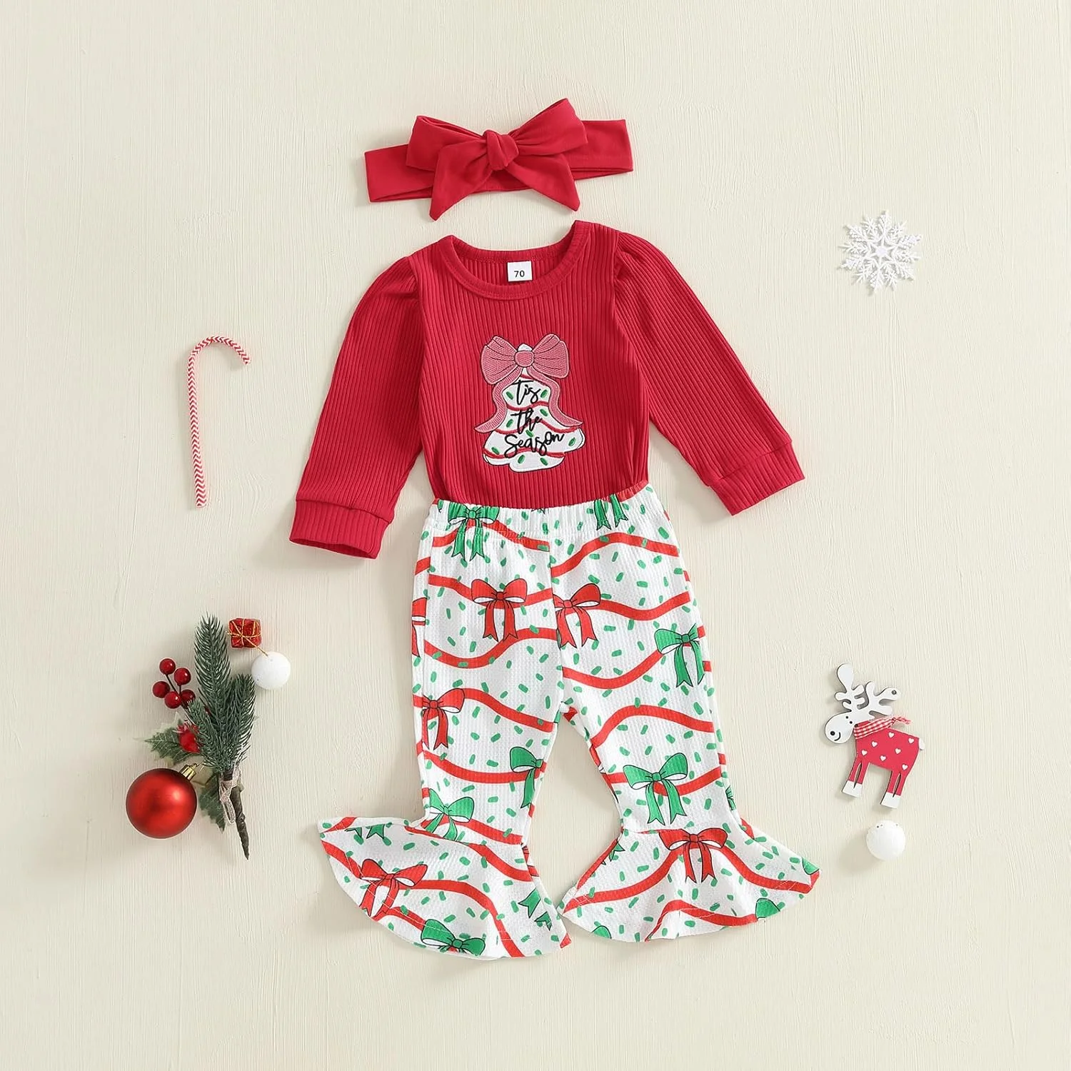 لباس کریسمس نوزاد دختر، ست لباس نوزادی آستین بلند، شلوار دمپا گشاد، لباس زمستانی نوزاد