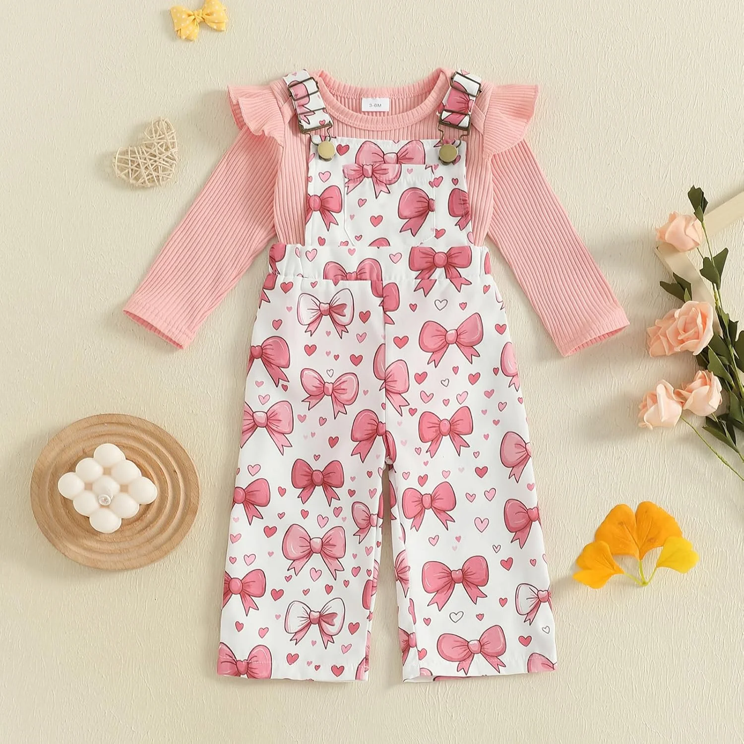 ست لباس نوزادی دخترانه، رامپر آستین بلند راه راه، سرهمی با طرح گل، شلوار، لباس 2 تکه زیبا برای نوزاد
