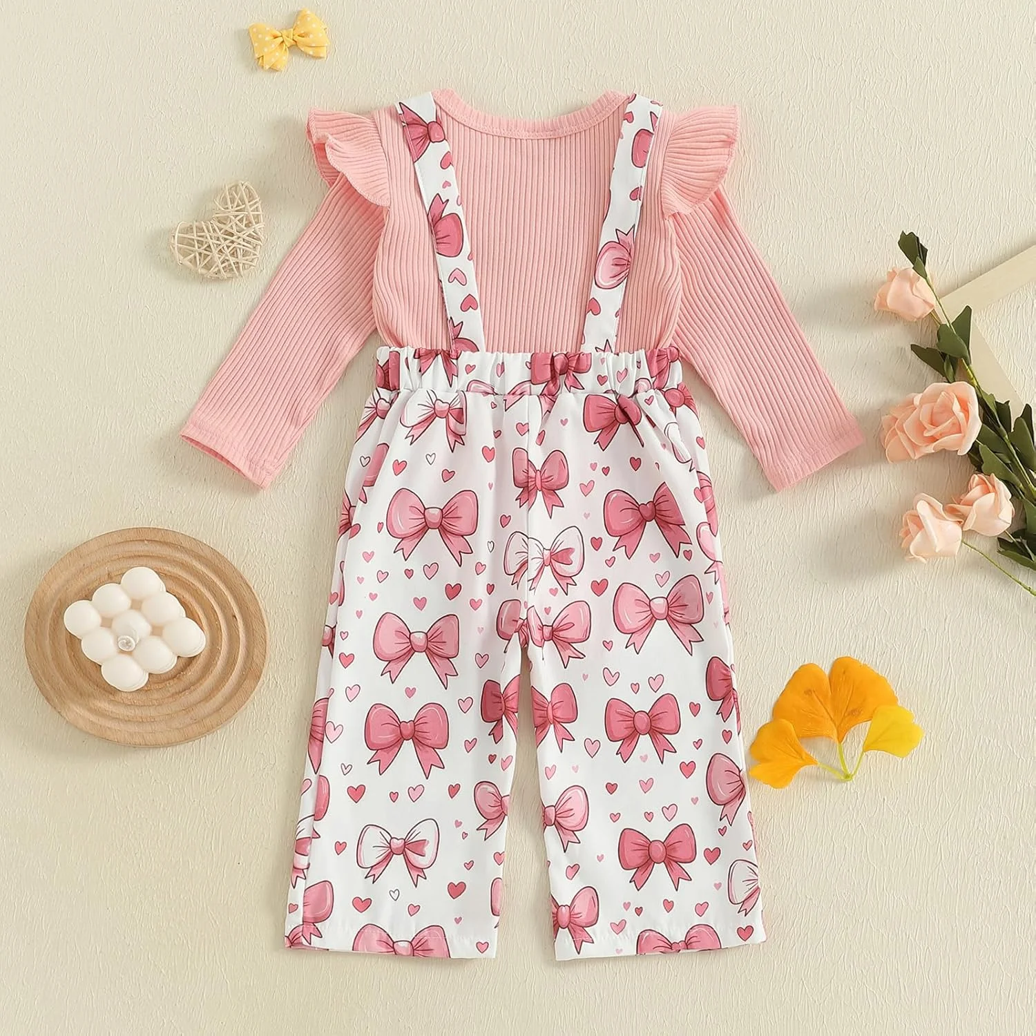 ست لباس نوزادی دخترانه، رامپر آستین بلند راه راه، سرهمی با طرح گل، شلوار، لباس 2 تکه زیبا برای نوزاد