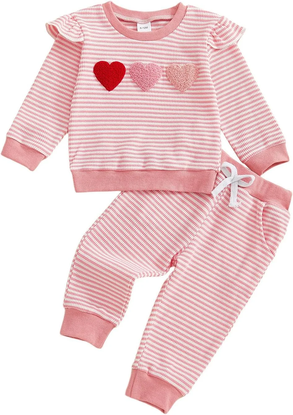 ست لباس روز ولنتاین نوزادی دخترانه، بلوز آستین بلند یقه گرد با طرح قلب + شلوار کمر کشی، لباس های غیر رسمی بچه گانه