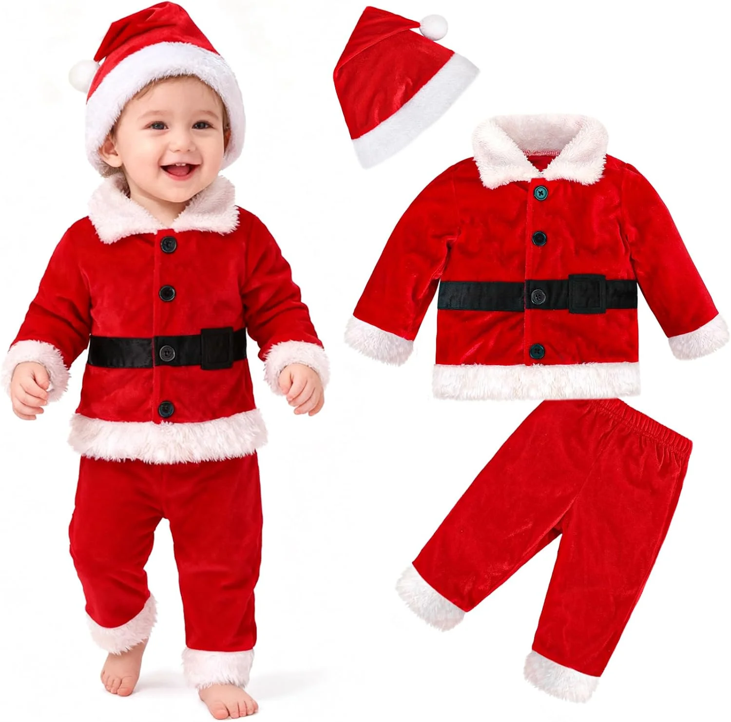 لباس کریسمس کودک، تاپ، شلوار، کمربند و کلاه نوزادی پسرانه و دخترانه با طرح بابانوئل