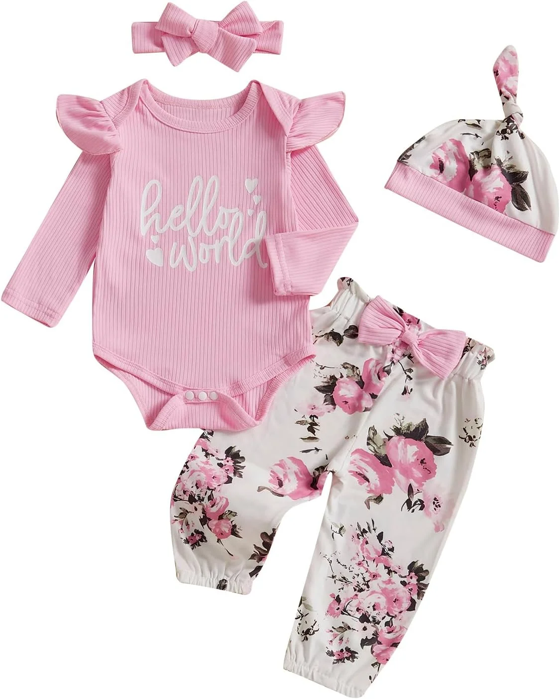 لباس نوزادی دخترانه، ست رامپر دنده ای طرح Hello World، تاپ و شلوار گلدار مناسب برای ترخیص از بیمارستان لباس نوزادی دخترانه، ست رامپر دنده ای طرح Hello World، تاپ و شلوار گلدار مناسب برای ترخیص از بیمارستان