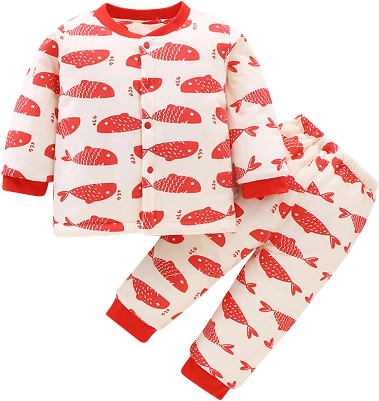 ست لباس زمستانی نوزادی 2 تکه، پسرانه و دخترانه، پنبه ای، آستین بلند، ژاکت ضخیم دکمه دار + شلوار گرم، 0-24 ماه