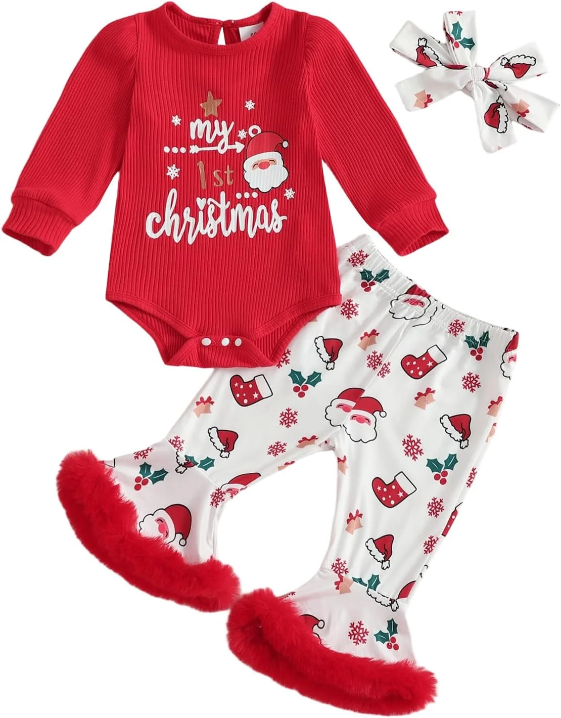 ست لباس نوزادی دخترانه، رامپر آستین بلند، شلوار دمپا گشاد طرح بابانوئل و هدبند، 3 تکه، لباس کریسمس زیبا