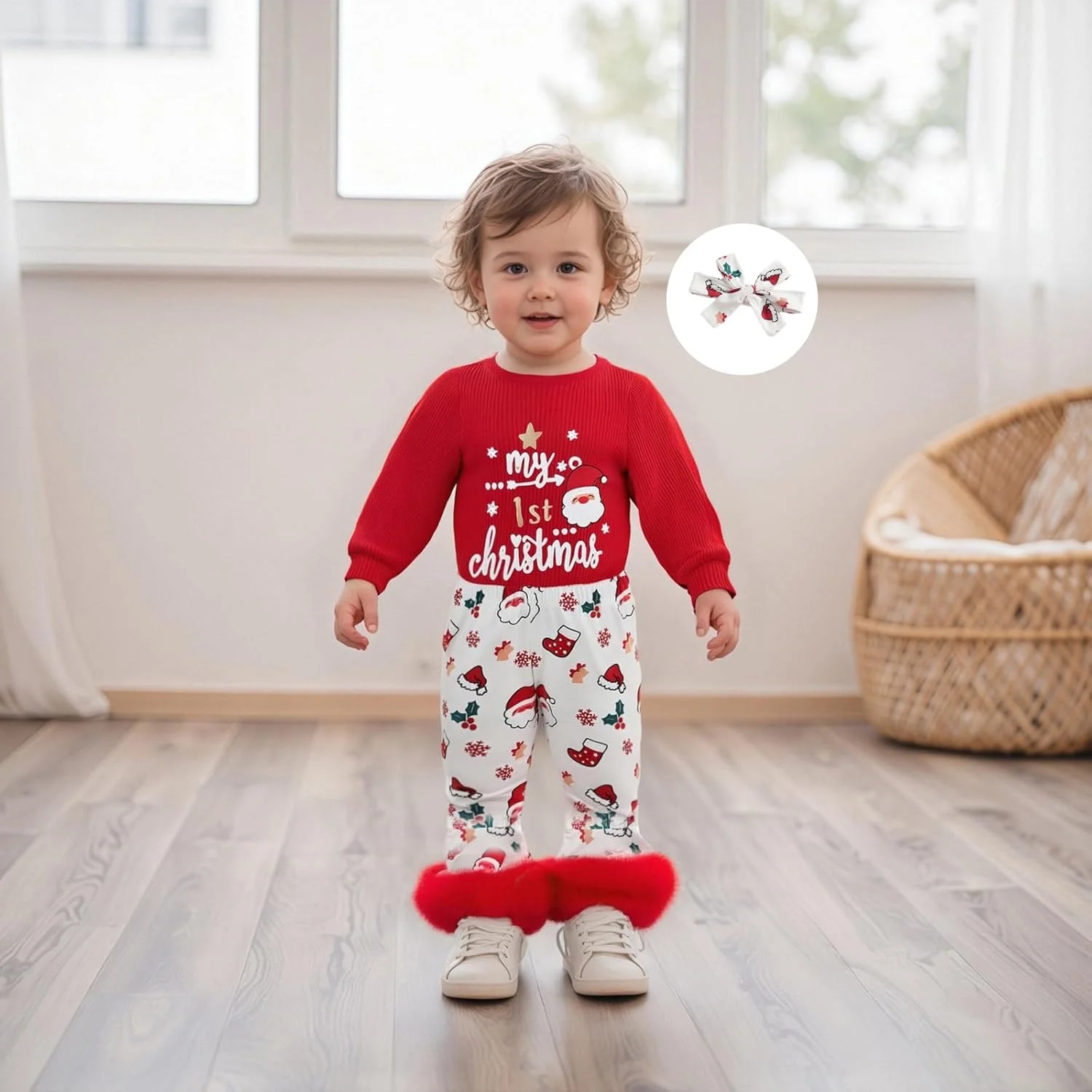 ست لباس نوزادی دخترانه، رامپر آستین بلند، شلوار دمپا گشاد طرح بابانوئل و هدبند، 3 تکه، لباس کریسمس زیبا ست لباس نوزادی دخترانه، رامپر آستین بلند، شلوار دمپا گشاد طرح بابانوئل و هدبند، 3 تکه، لباس کریسمس زیبا