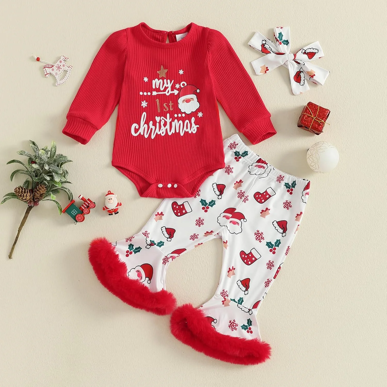 ست لباس نوزادی دخترانه، رامپر آستین بلند، شلوار دمپا گشاد طرح بابانوئل و هدبند، 3 تکه، لباس کریسمس زیبا ست لباس نوزادی دخترانه، رامپر آستین بلند، شلوار دمپا گشاد طرح بابانوئل و هدبند، 3 تکه، لباس کریسمس زیبا