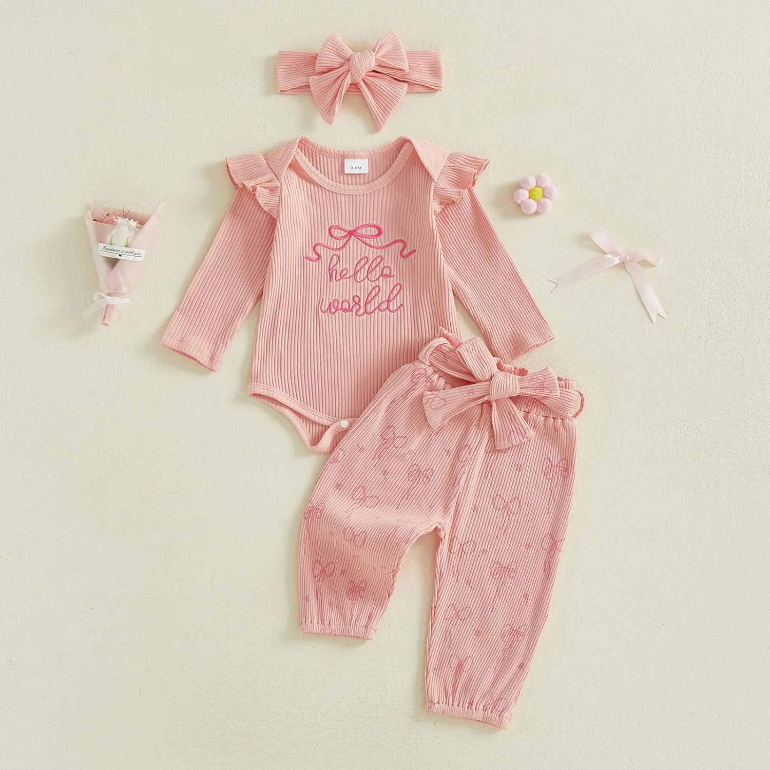 لباس نوزادی دخترانه Twopumpkin، سرهمی راه راه Hello World، شلوار بافتنی و هدبند