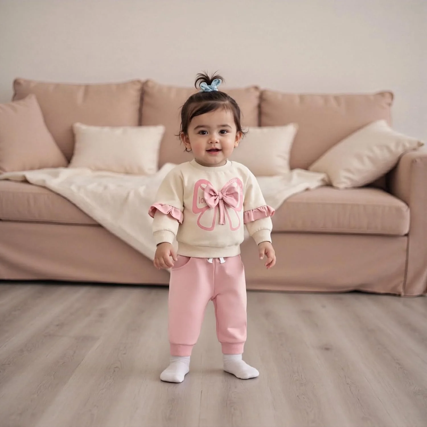 ست لباس پاییزه و زمستانه نوزاد دخترانه شامل بلوز طرح پاپیون و شلوار ست لباس پاییزه و زمستانه نوزاد دخترانه شامل بلوز طرح پاپیون و شلوار