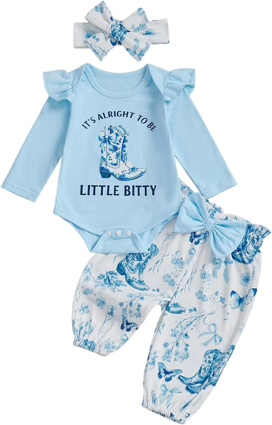 لباس نوزادی دخترانه با طرح گاوچران، سرهمی آستین بلند، شلوار طرح چکمه و لباس های زیبای کودکانه به سبک وسترن