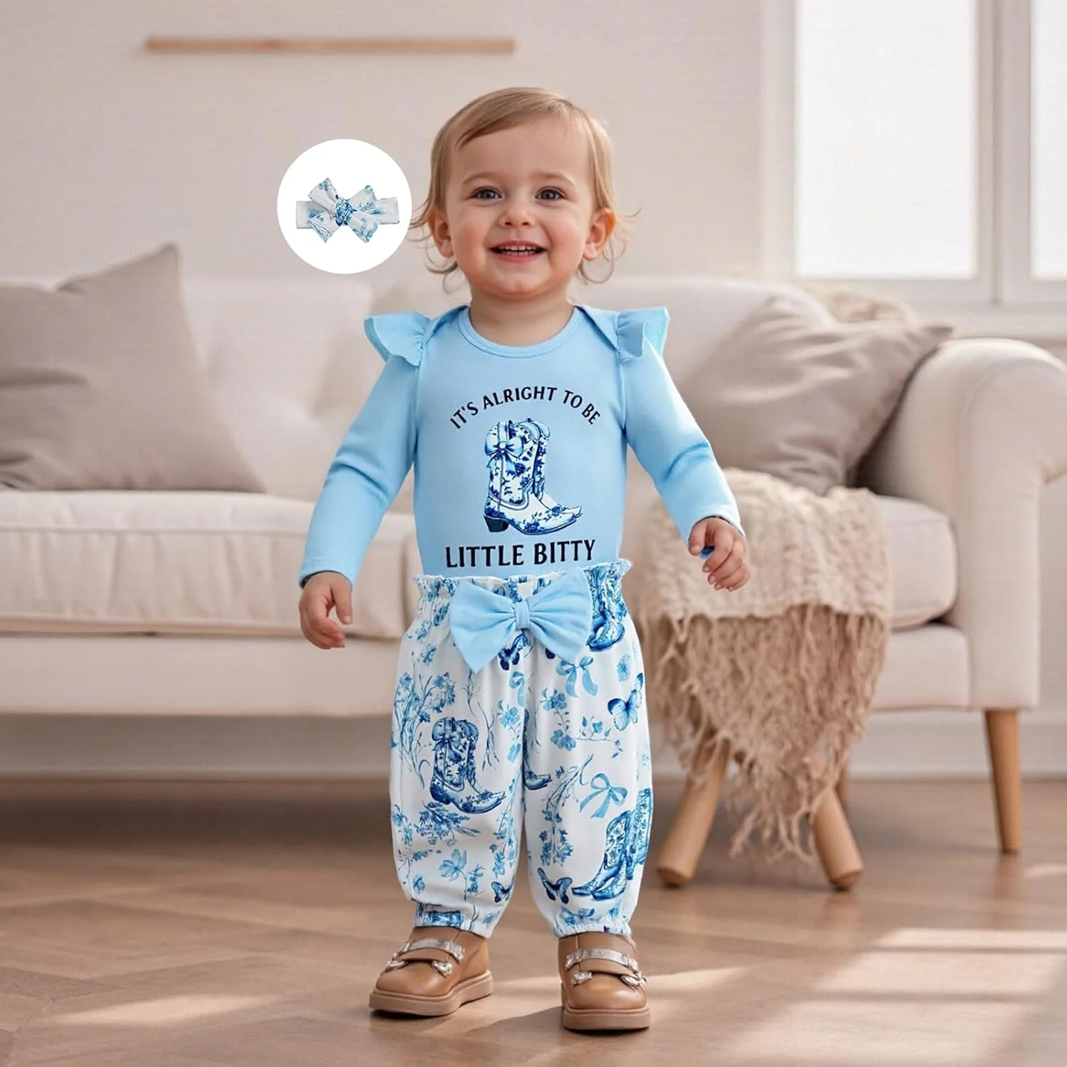 لباس نوزادی دخترانه با طرح گاوچران، سرهمی آستین بلند، شلوار طرح چکمه و لباس های زیبای کودکانه به سبک وسترن