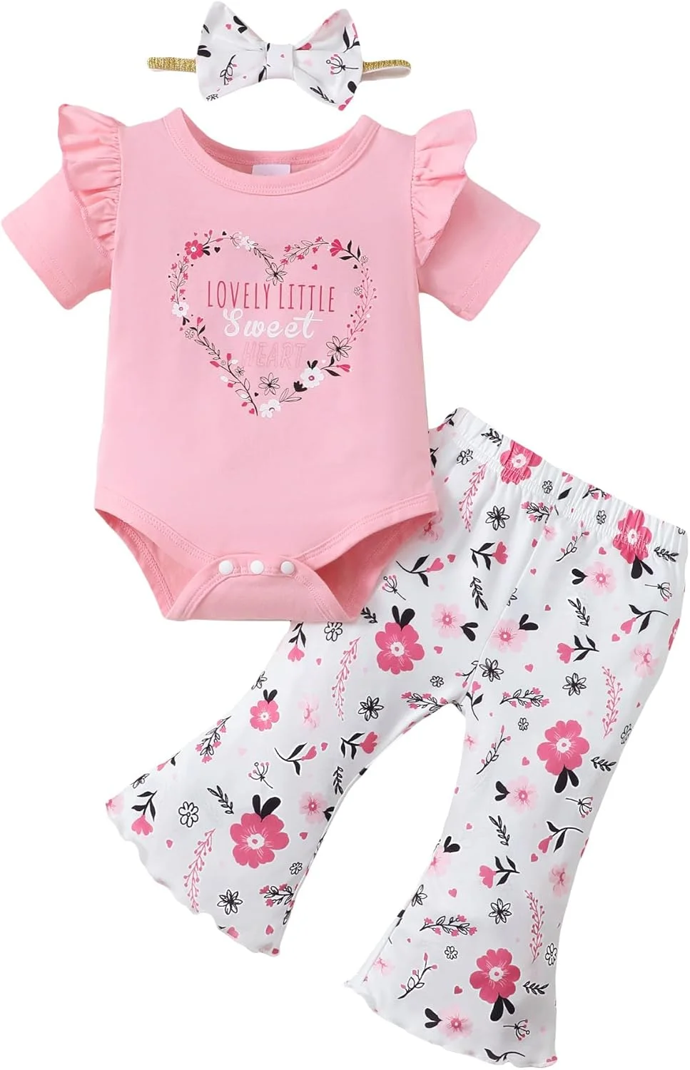 لباس نوزاد دخترانه طرح خوک آفتابی، رامپر آستین کوتاه چین دار، ست شلوار بلند با هدبند