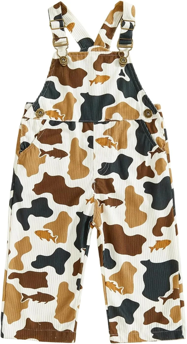 لباس نوزادی پسرانه دخترانه، شلوار پیشبندی کبریتی طرح استتار مناسب پاییز و زمستان