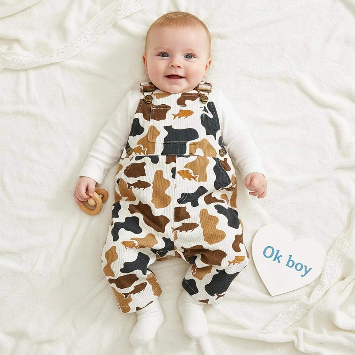 لباس نوزادی پسرانه دخترانه، شلوار پیشبندی کبریتی طرح استتار مناسب پاییز و زمستان