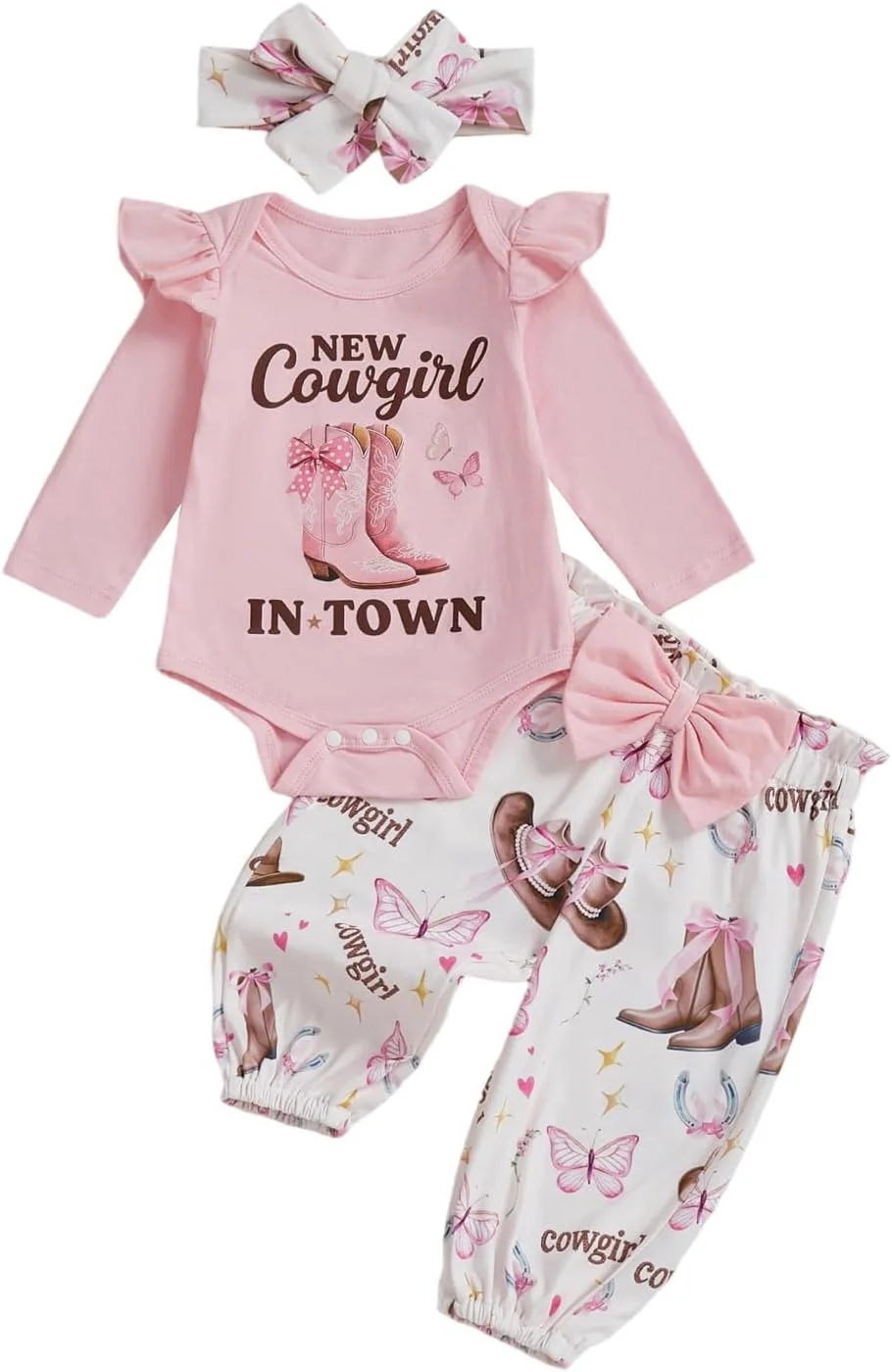 لباس دخترانه نوزادی طرح وسترن، سرهمی آستین بلند چین دار و ست شلوار، لباس پاییزی و زمستانی نوزاد