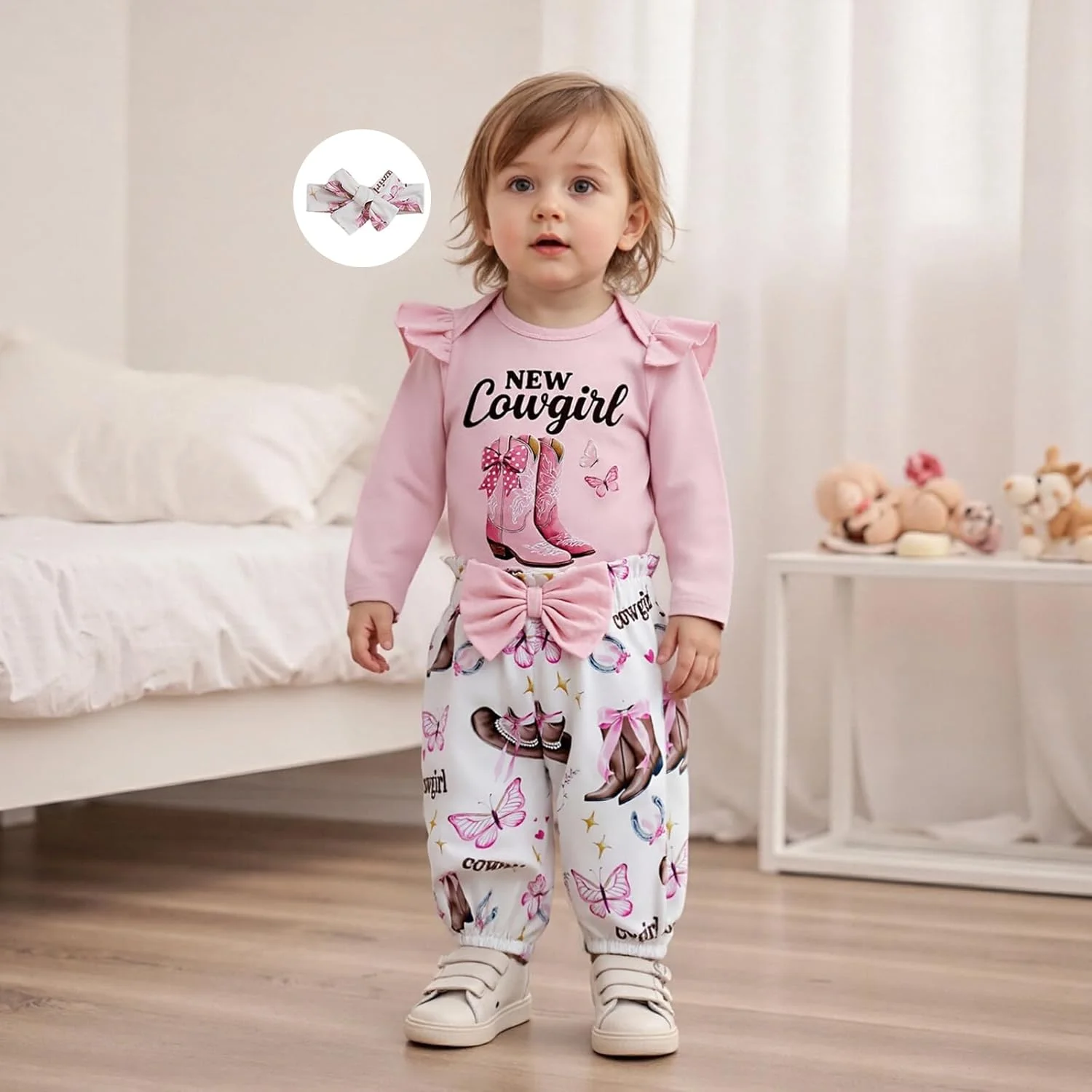لباس دخترانه نوزادی طرح وسترن، سرهمی آستین بلند چین دار و ست شلوار، لباس پاییزی و زمستانی نوزاد
