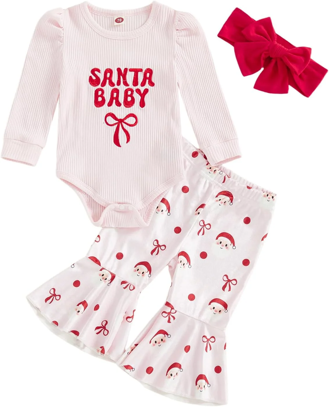 ست لباس سه تکه روز عشق نوزادی دخترانه، رامپر آستین بلند یقه گرد با طرح قلب و حروف، شلوار دمپا گشاد و هدبند