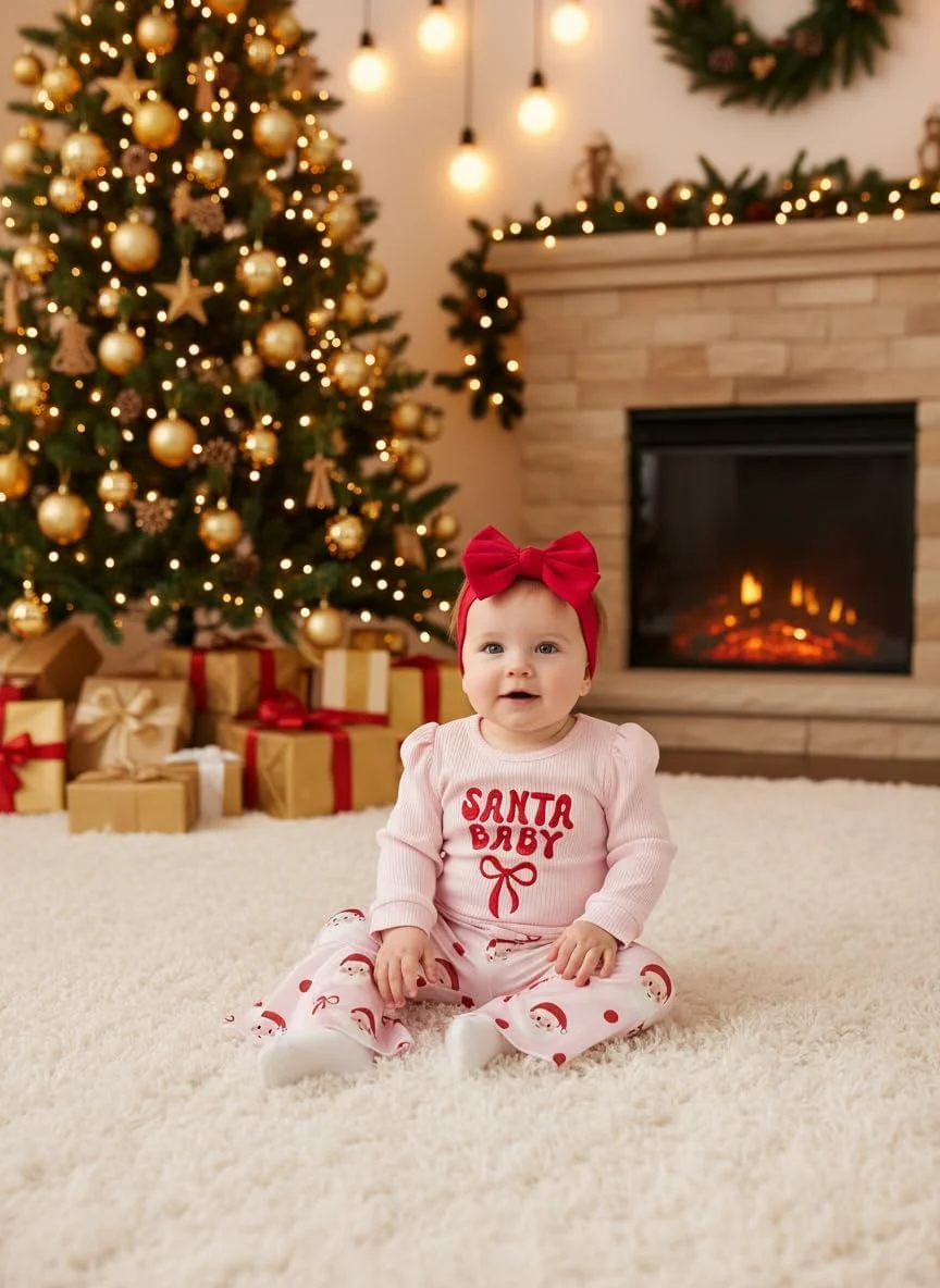 ست لباس سه تکه روز عشق نوزادی دخترانه، رامپر آستین بلند یقه گرد با طرح قلب و حروف، شلوار دمپا گشاد و هدبند