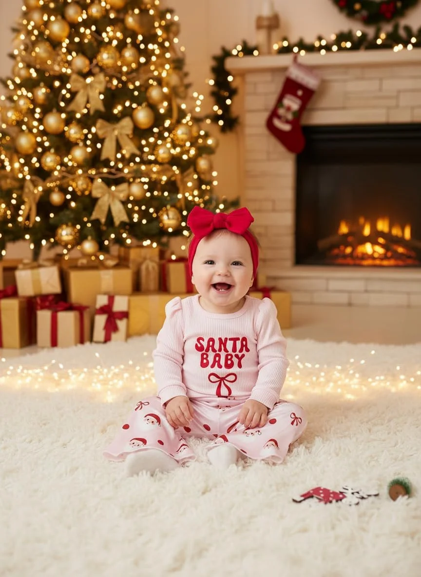 ست لباس سه تکه روز عشق نوزادی دخترانه، رامپر آستین بلند یقه گرد با طرح قلب و حروف، شلوار دمپا گشاد و هدبند