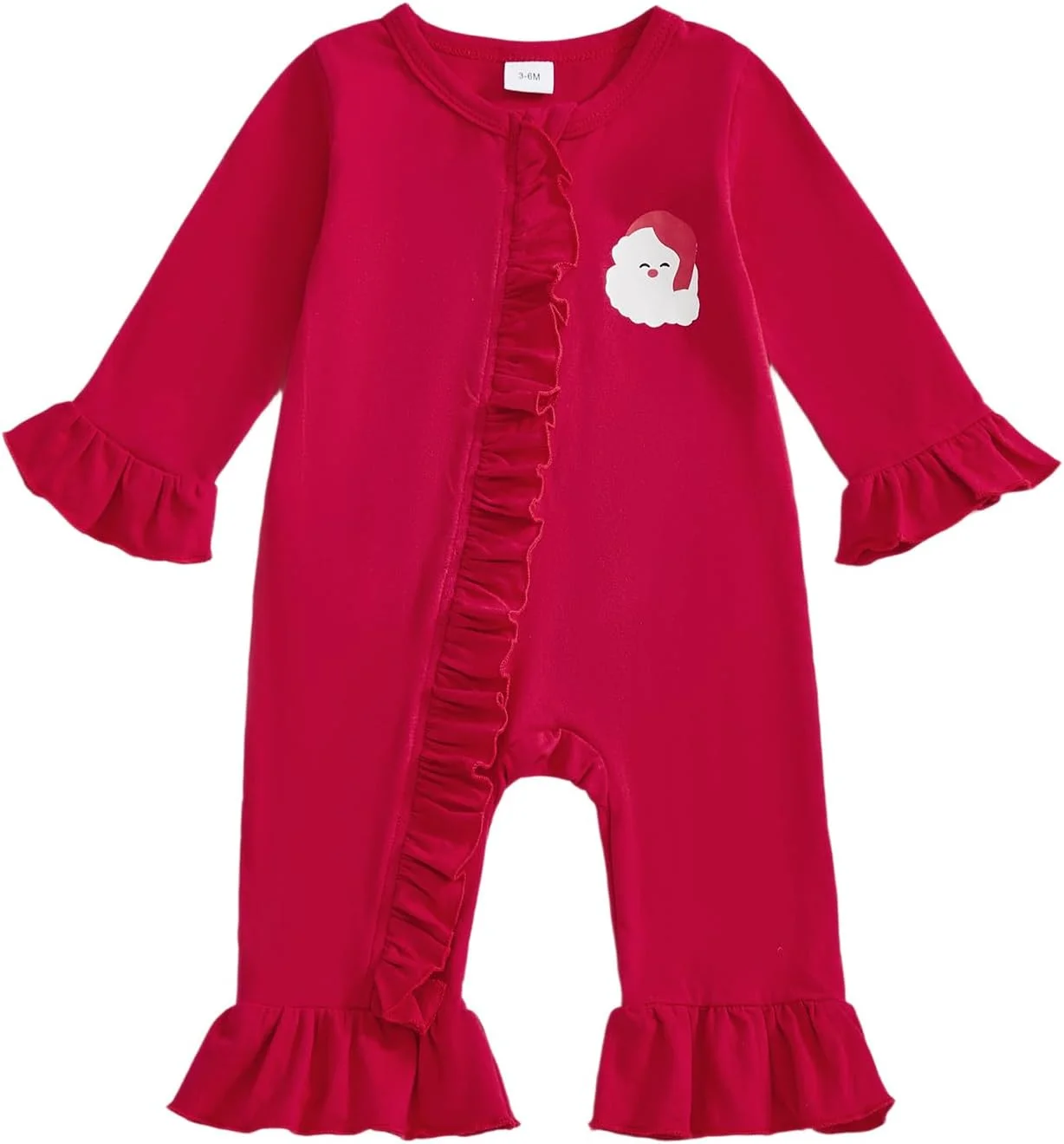 لباس کریسمس نوزادی دخترانه Lamuusaa، رامپر طرح بابانوئل با آستین چین‌دار، بادی زیپ‌دار یک تکه، جامپسوت و شلوار دمپا گشاد، 0 تا 12 ماه