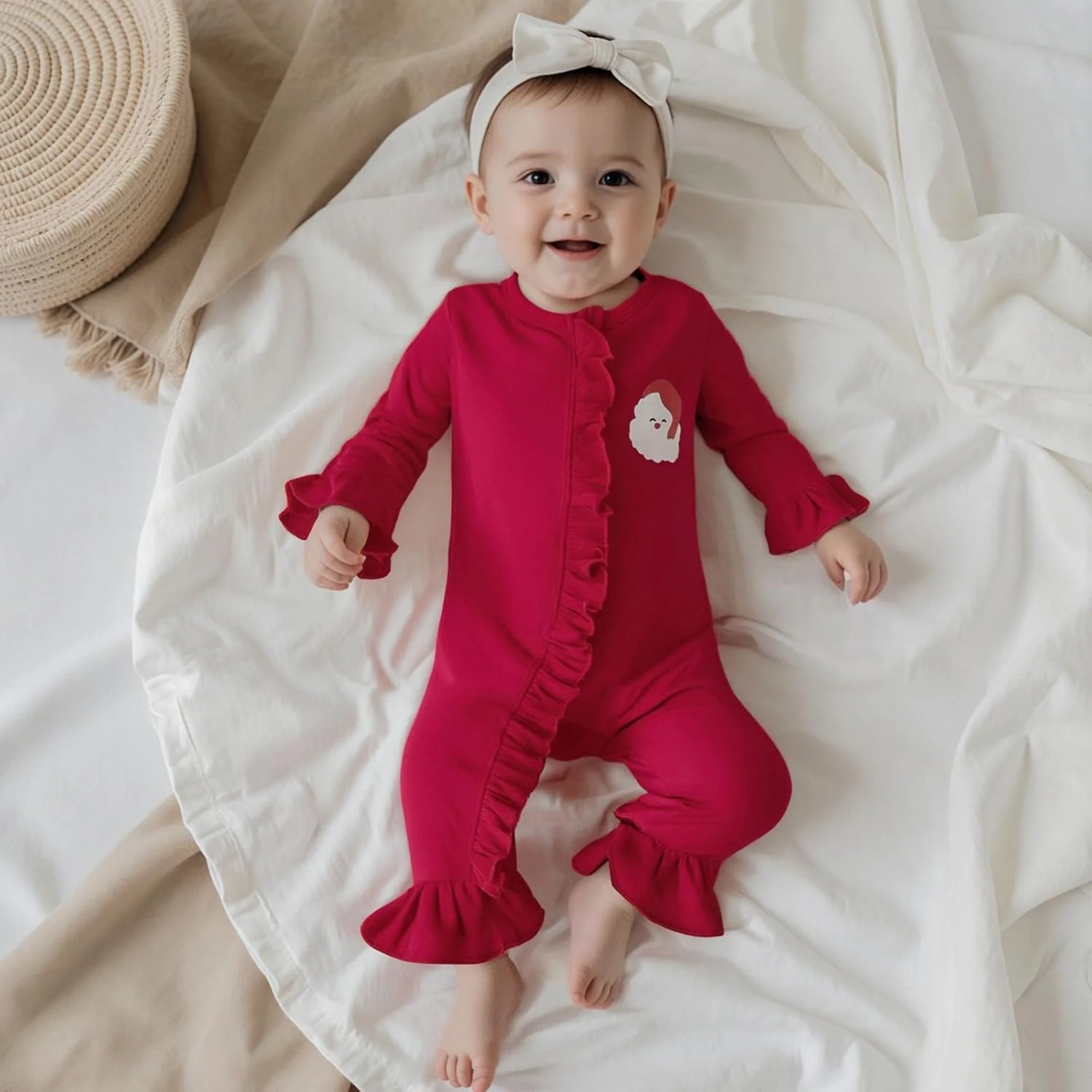 لباس کریسمس نوزادی دخترانه Lamuusaa، رامپر طرح بابانوئل با آستین چین‌دار، بادی زیپ‌دار یک تکه، جامپسوت و شلوار دمپا گشاد، 0 تا 12 ماه